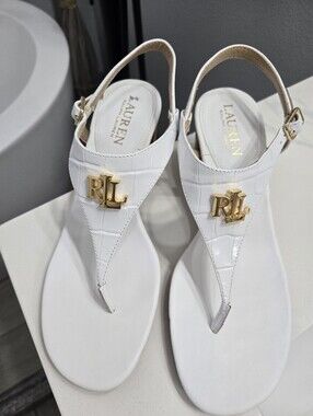 Ralph Lauren Weston II White Leather T-Strap Sandals with Gold RL Emblem